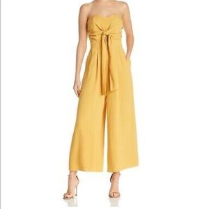 Aqua Yellow Tie Front  Strapless Wide Leg Jumpsuit